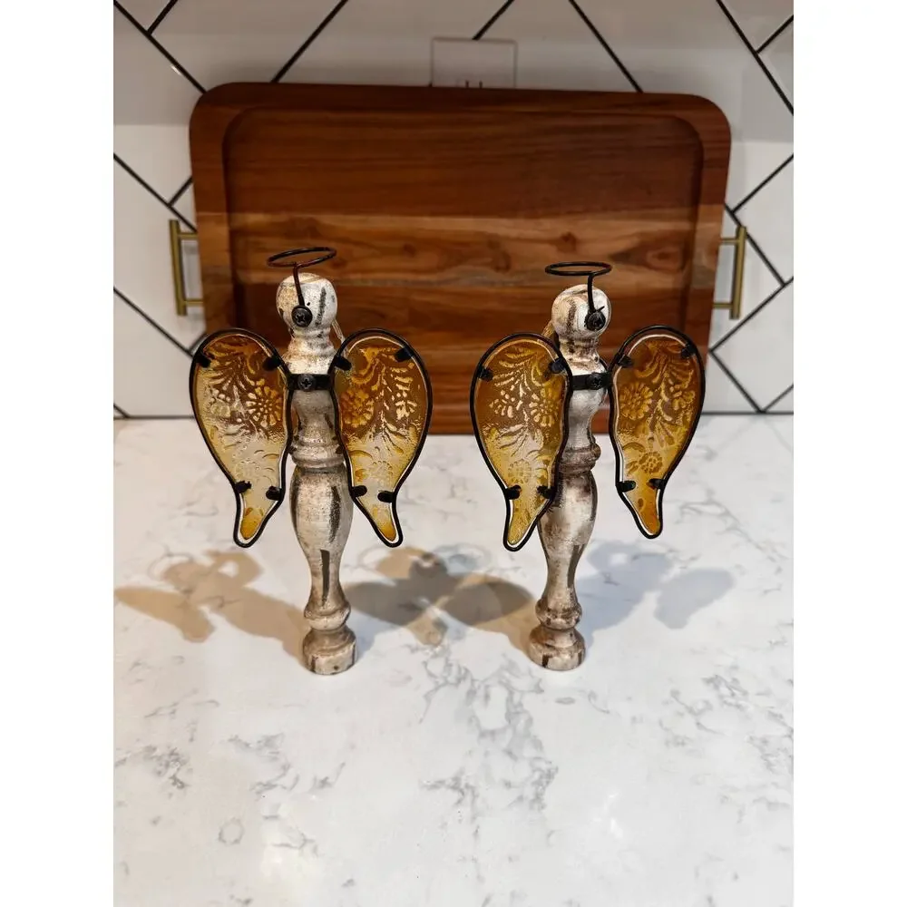 Vintage-Inspired Spool Spindle Flower Angel Ornament wood body glass wings x2
